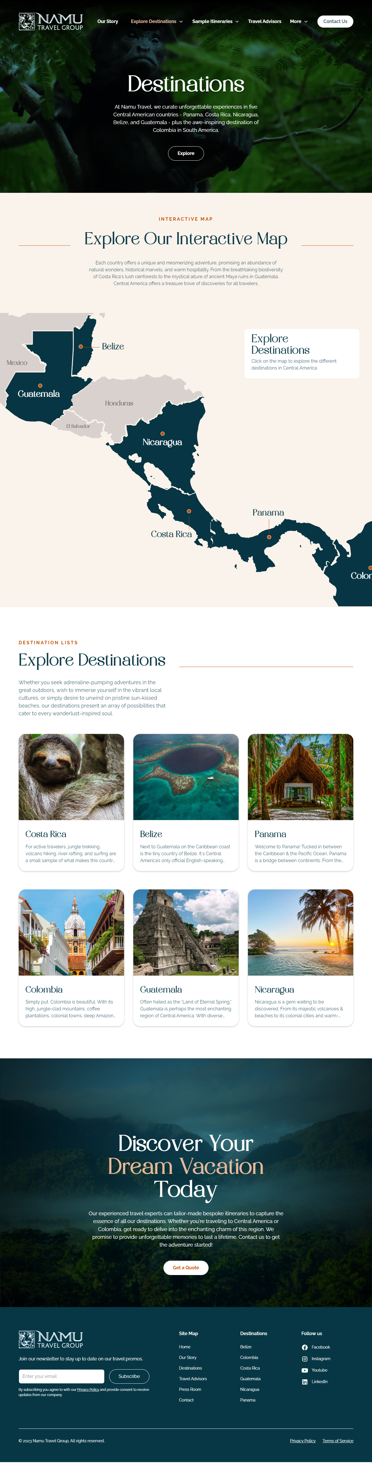 The redesigned Destinations page: a cinematic header, the interactive map of Central America with every country pinned, and a grid of destination cards.