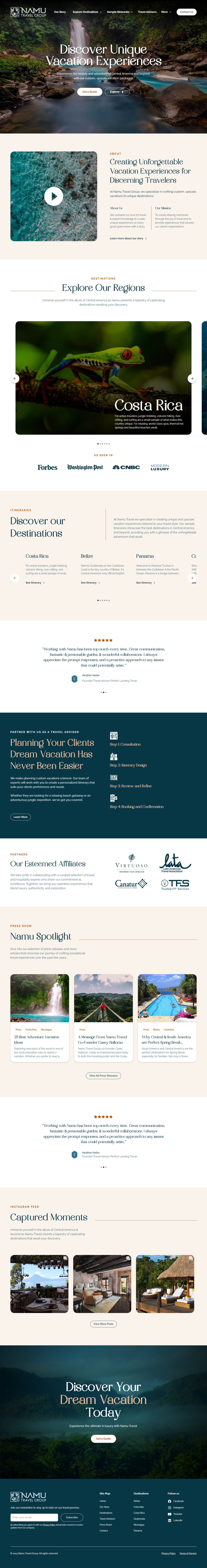 The full redesigned Namu Travel Group homepage, from the waterfall hero through regions, itineraries, testimonials and the footer.