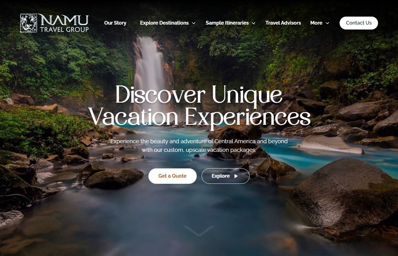 After: the redesigned homepage — Discover Unique Vacation Experiences set over a rainforest waterfall, with Get a Quote and Explore buttons.