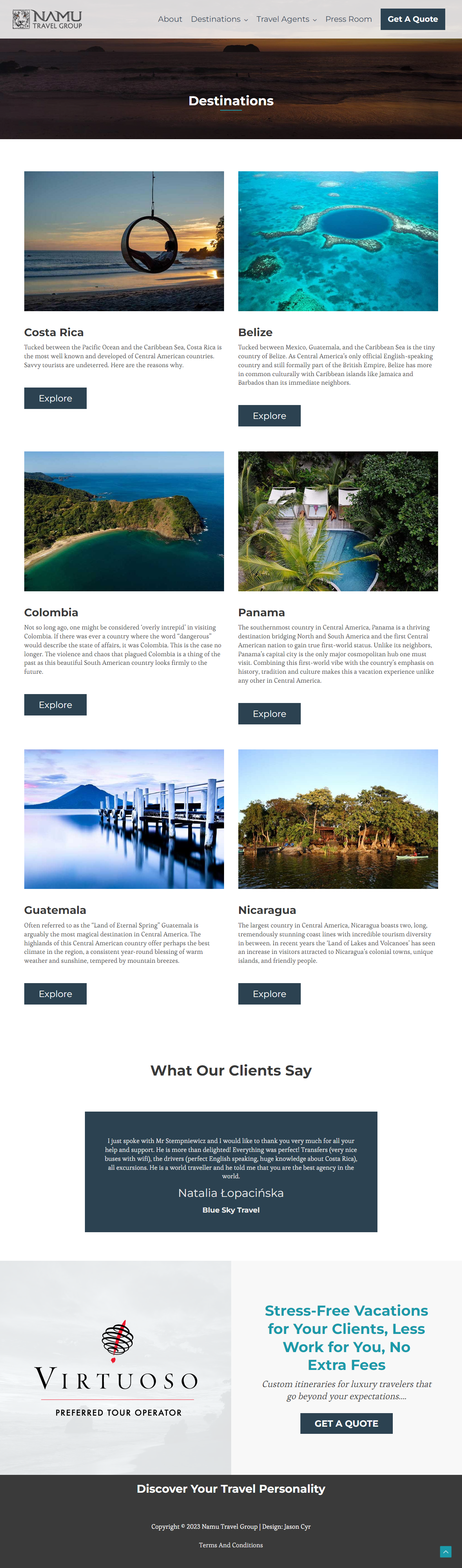 The original Destinations page: a plain two-column list of six countries, each with a paragraph and an Explore button.