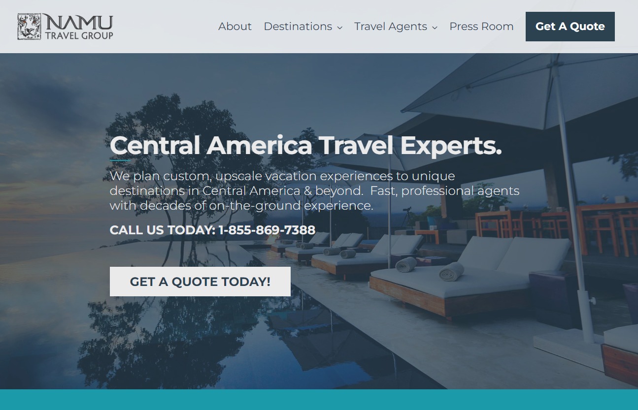 Before: the original homepage — Central America Travel Experts over a dimmed resort photo, with a phone number and a Get A Quote button.