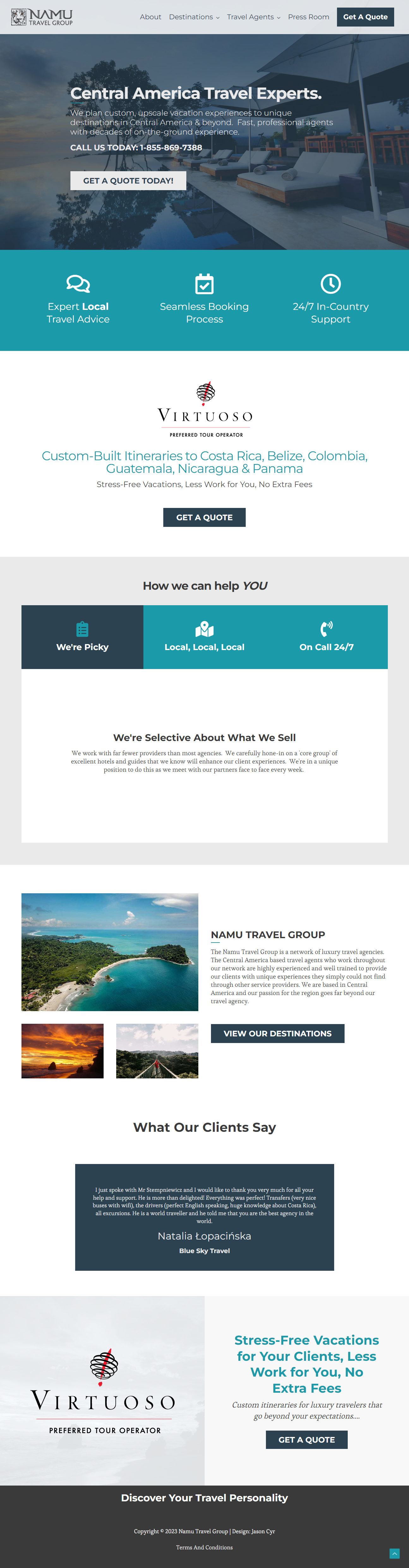 The original Namu Travel Group homepage in full: stacked service claims, badges, a partner logo, a testimonial, and a quote form.
