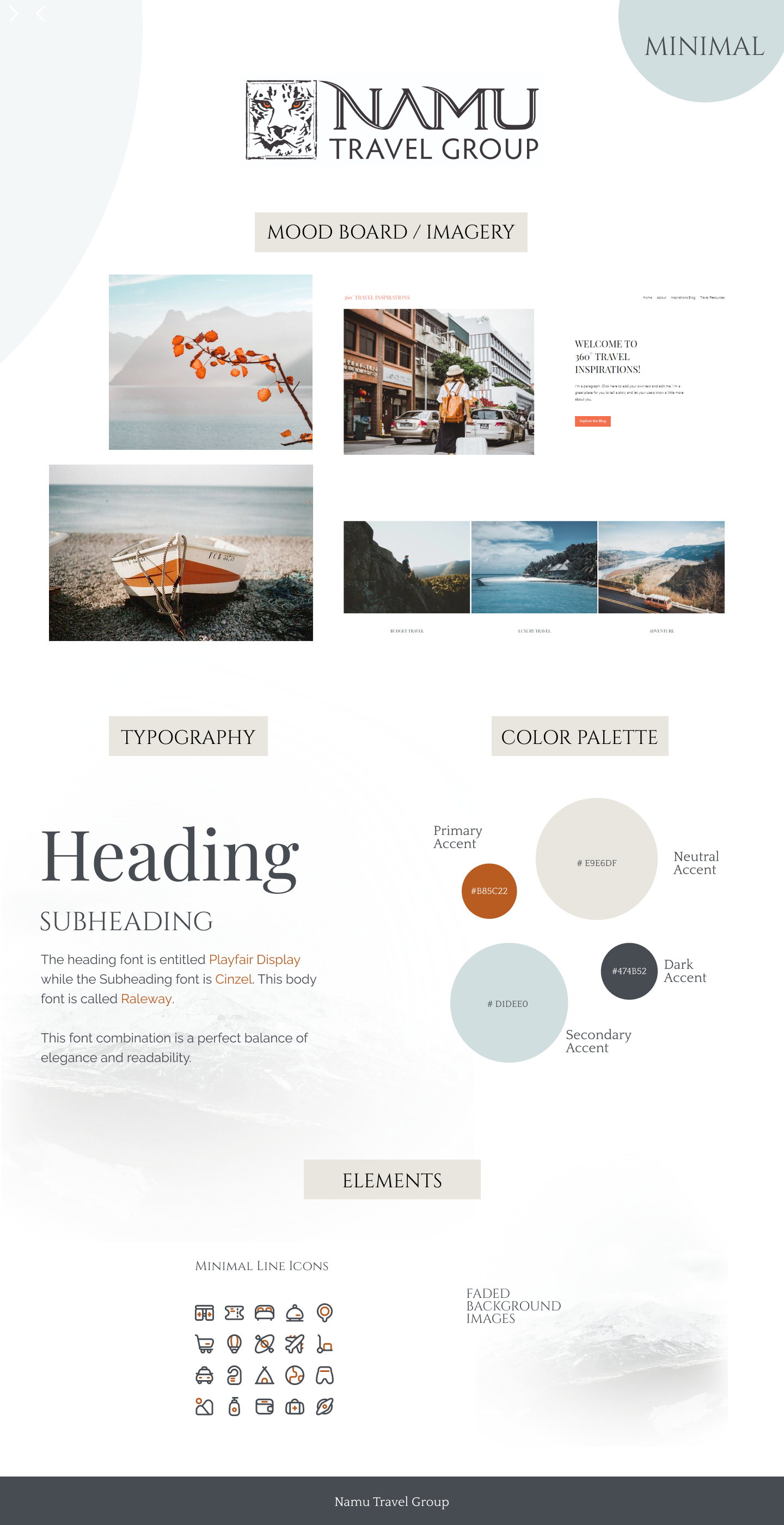 The Minimal mood board: soft neutrals with a rust accent, Playfair Display and Cinzel headings, and fine line icons.