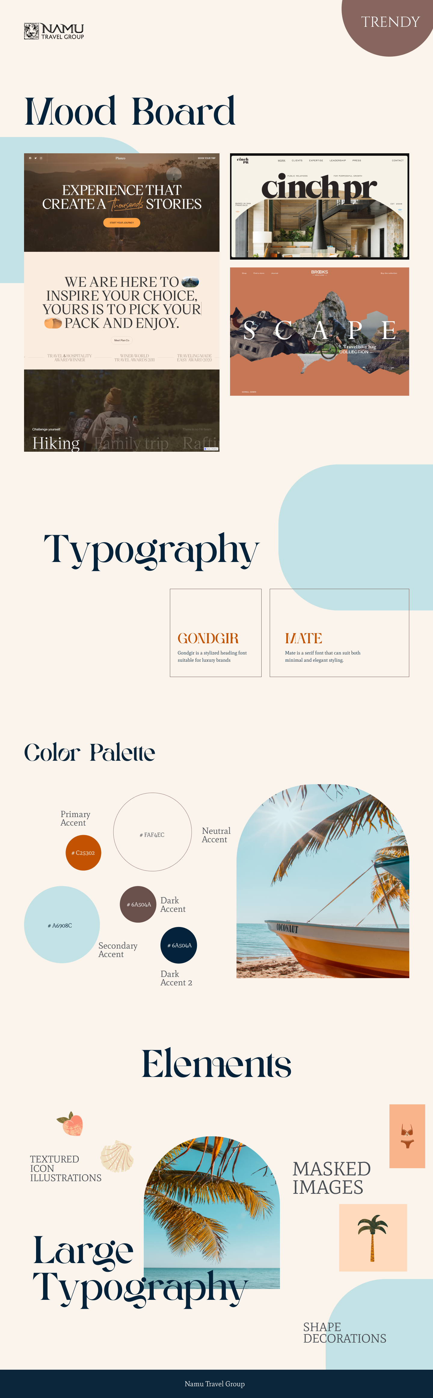 The Trendy mood board: editorial display type, arched image masks, and a bold coral and teal palette.